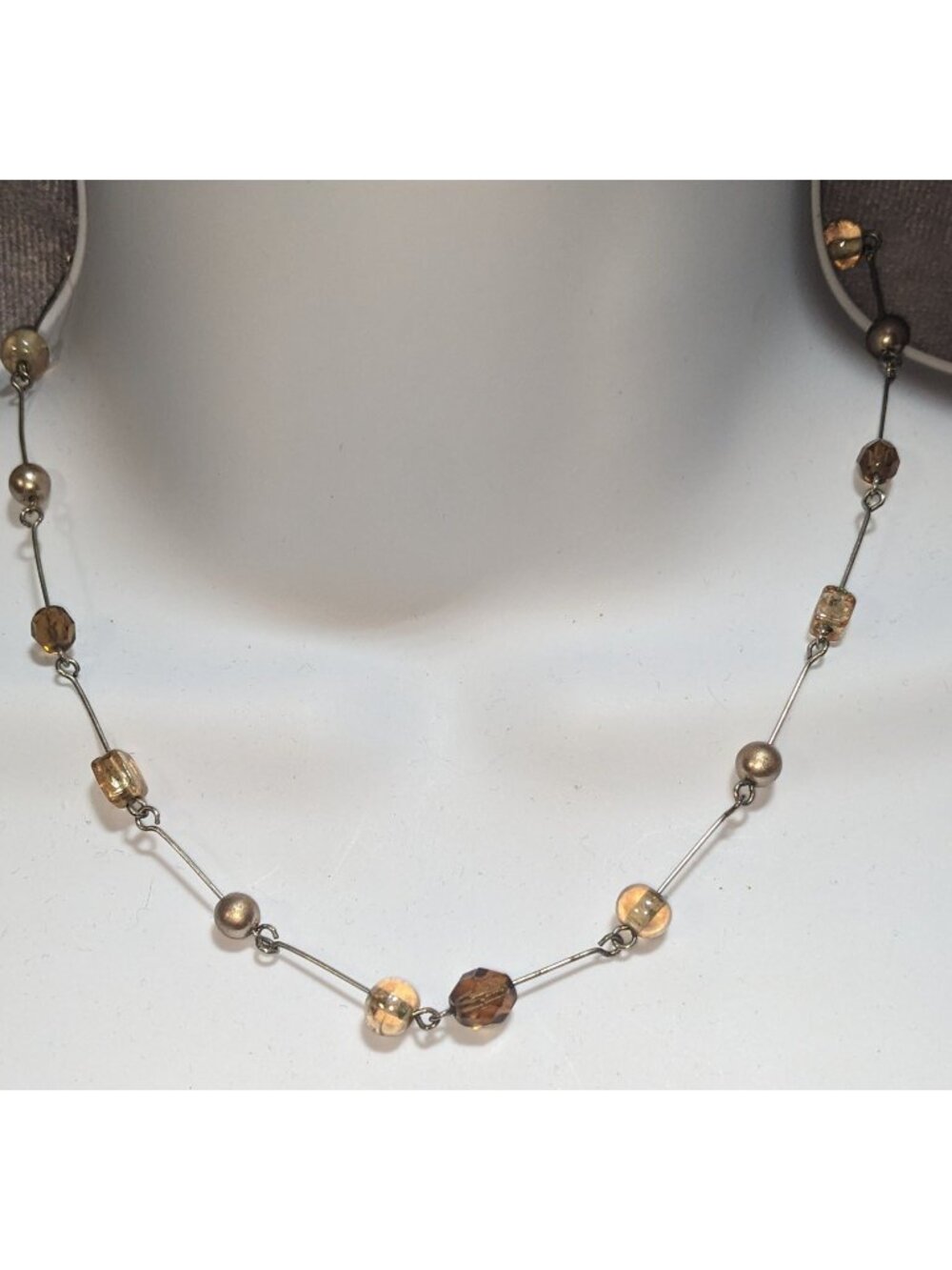 Glass Beaded Station Necklace Brown Silver Minimalist Everyday Jewelry